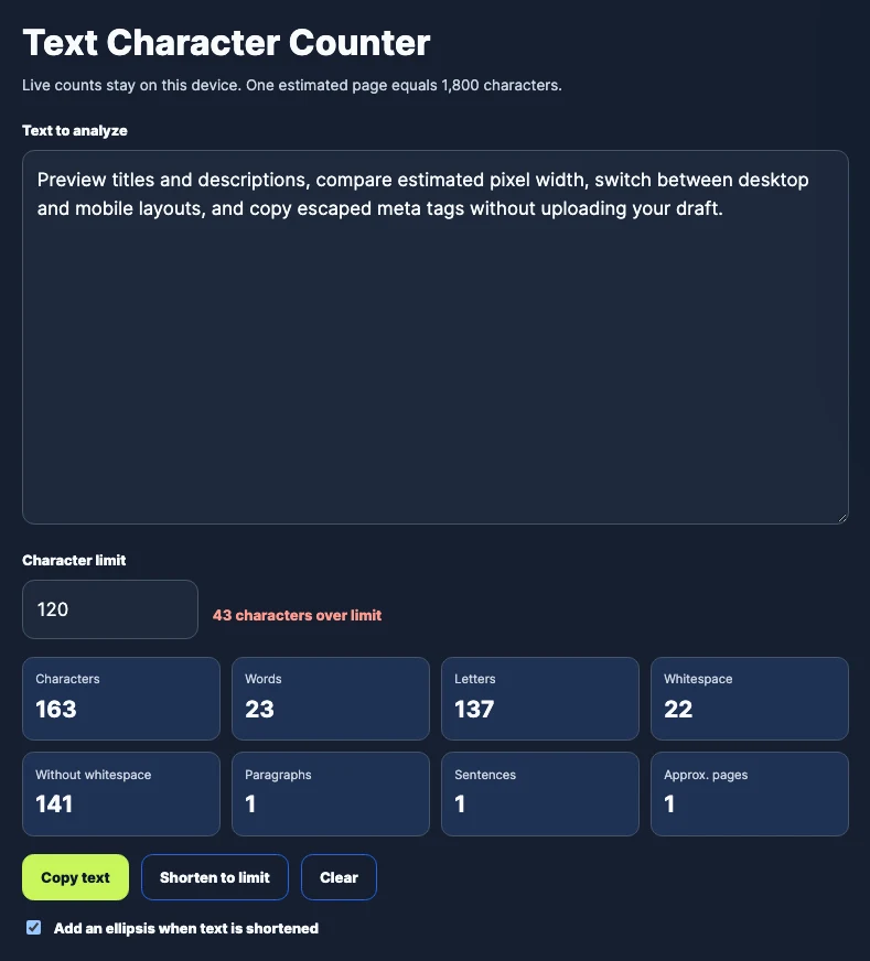 TomSEOTools Character Counter showing live text statistics and length controls