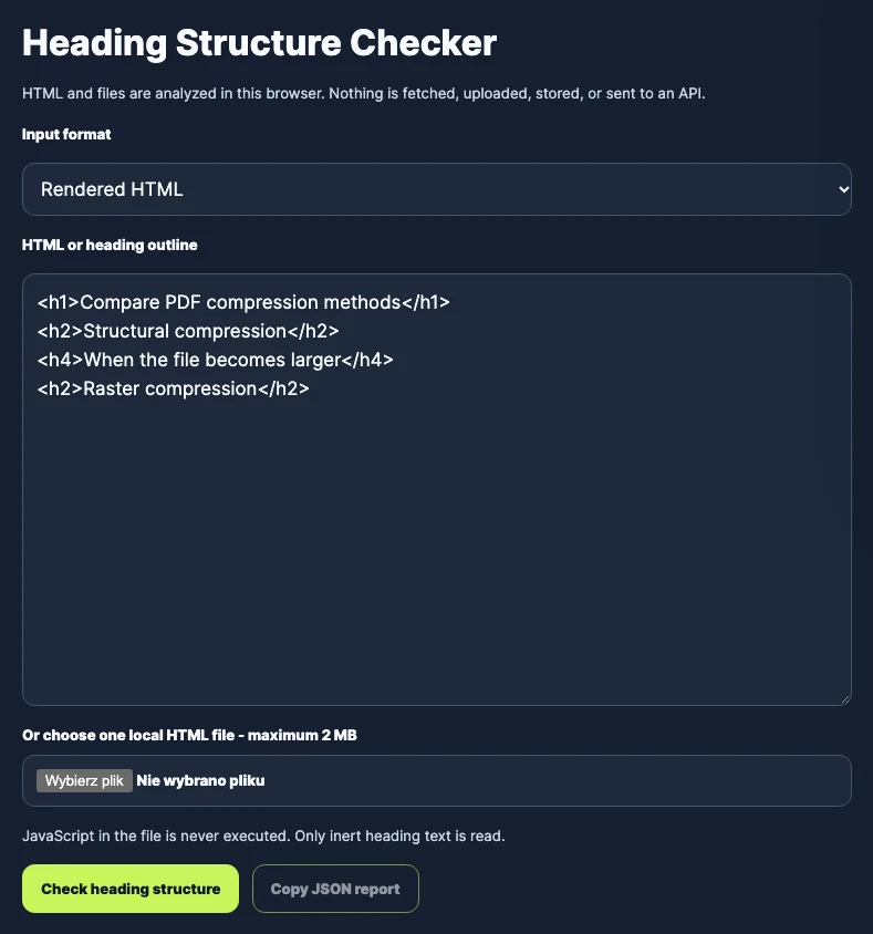 TomSEOTools Heading Structure Checker input with HTML prepared for local analysis