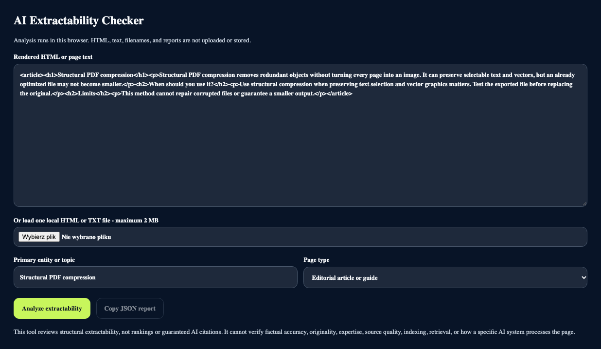 AI Extractability Checker with synthetic rendered HTML and an explicit primary topic