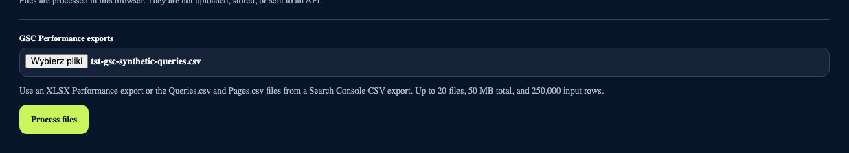 GSC Export Analyzer with a synthetic CSV selected for local browser processing